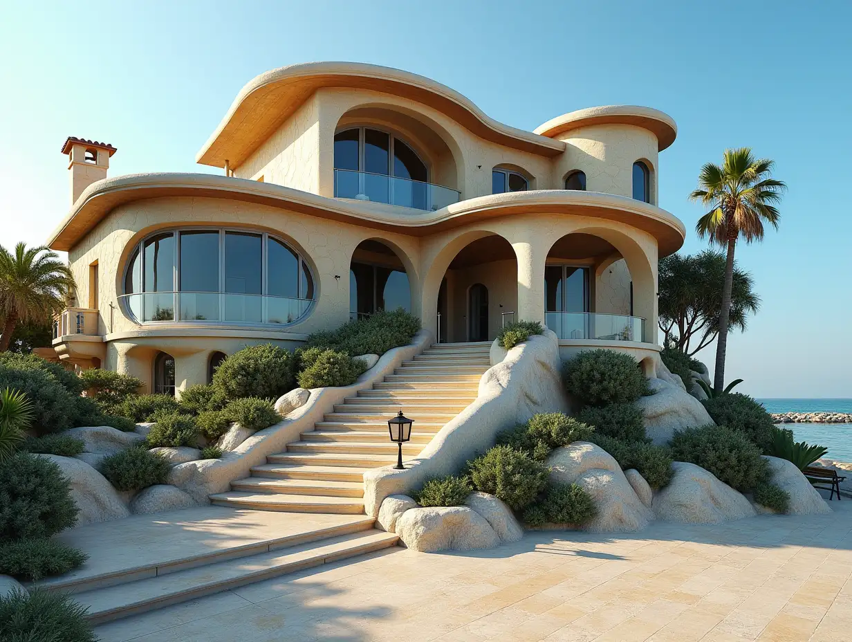 Crooked house with side line to the beach  Planting-with stucco in the form of plant decoration, large windows with glass closed, curved, smooth window shapes, winding big entrance stairs from marble complex, curved roof with dike, lanterns, bench at the beach with  lending view to the sea 4K resolution colorful wide-angle shots