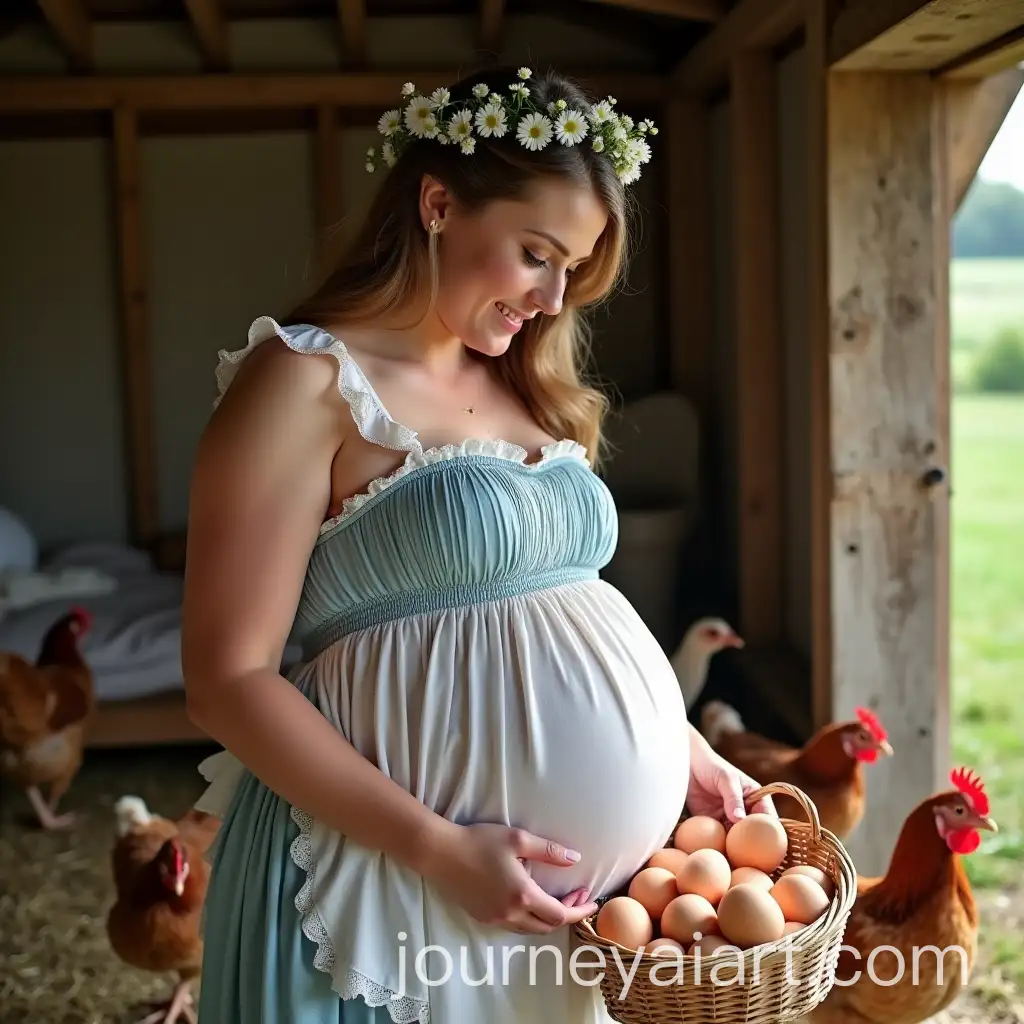 Pregnant-Woman-Collecting-Fresh-Eggs-in-a-Sunny-Chicken-Coop