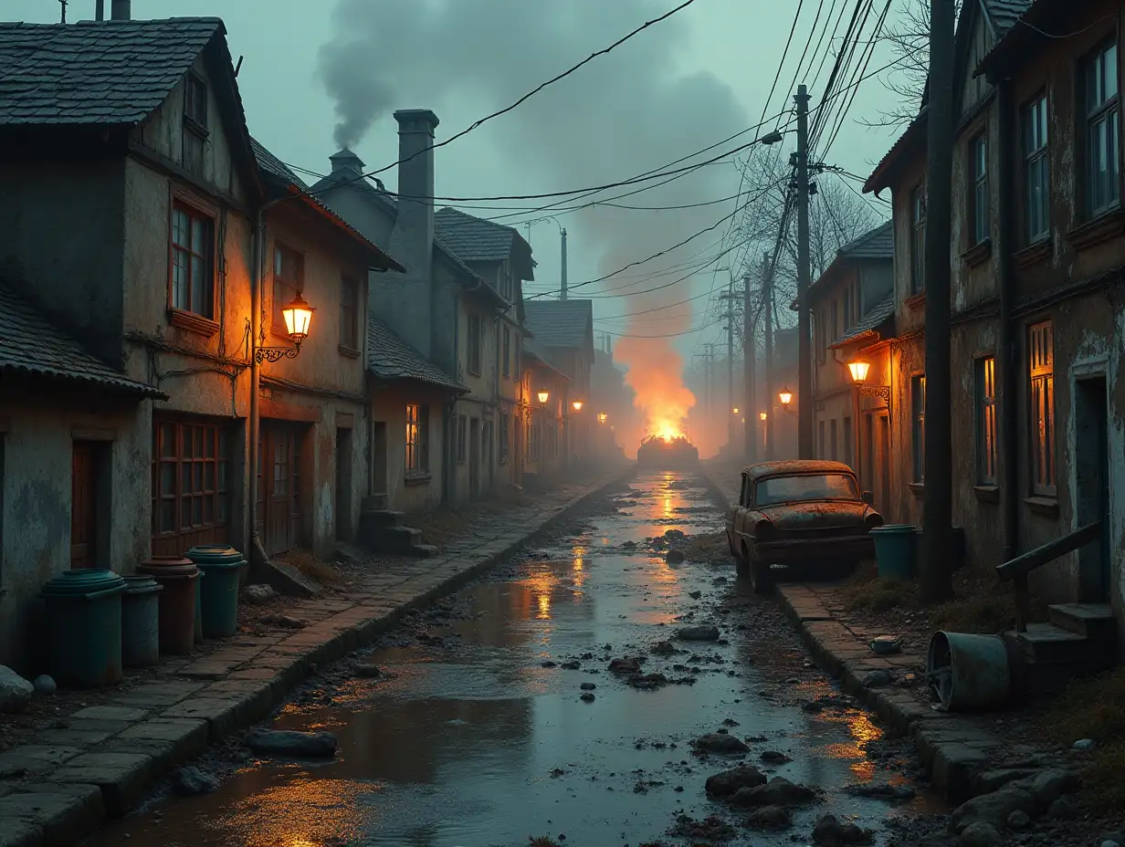 Creating a digital photo of a street with old dilapidated houses with chimneys and smoke, lying garbage cans on the street with brown soup hints and illuminated toilets with rusty iron and a river with floating paint fog and rusty lanterns and a rusty car and in the background fire with broken windshield