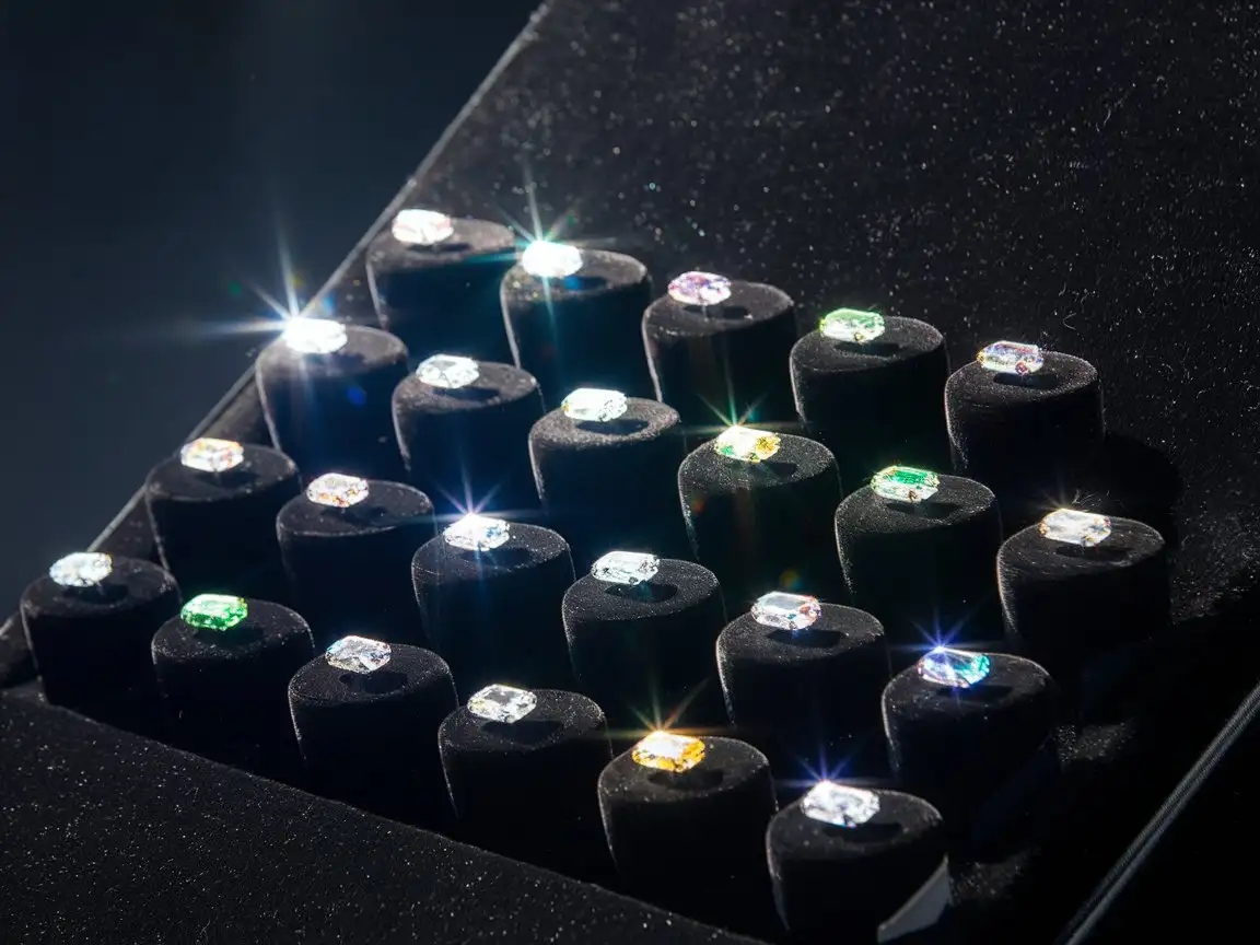 Dark background. Black velvet. 20 small flat colorful diamonds lie on mini-steps like buttons in a row on the panel. Light shines brightly through the diamonds. View from the side