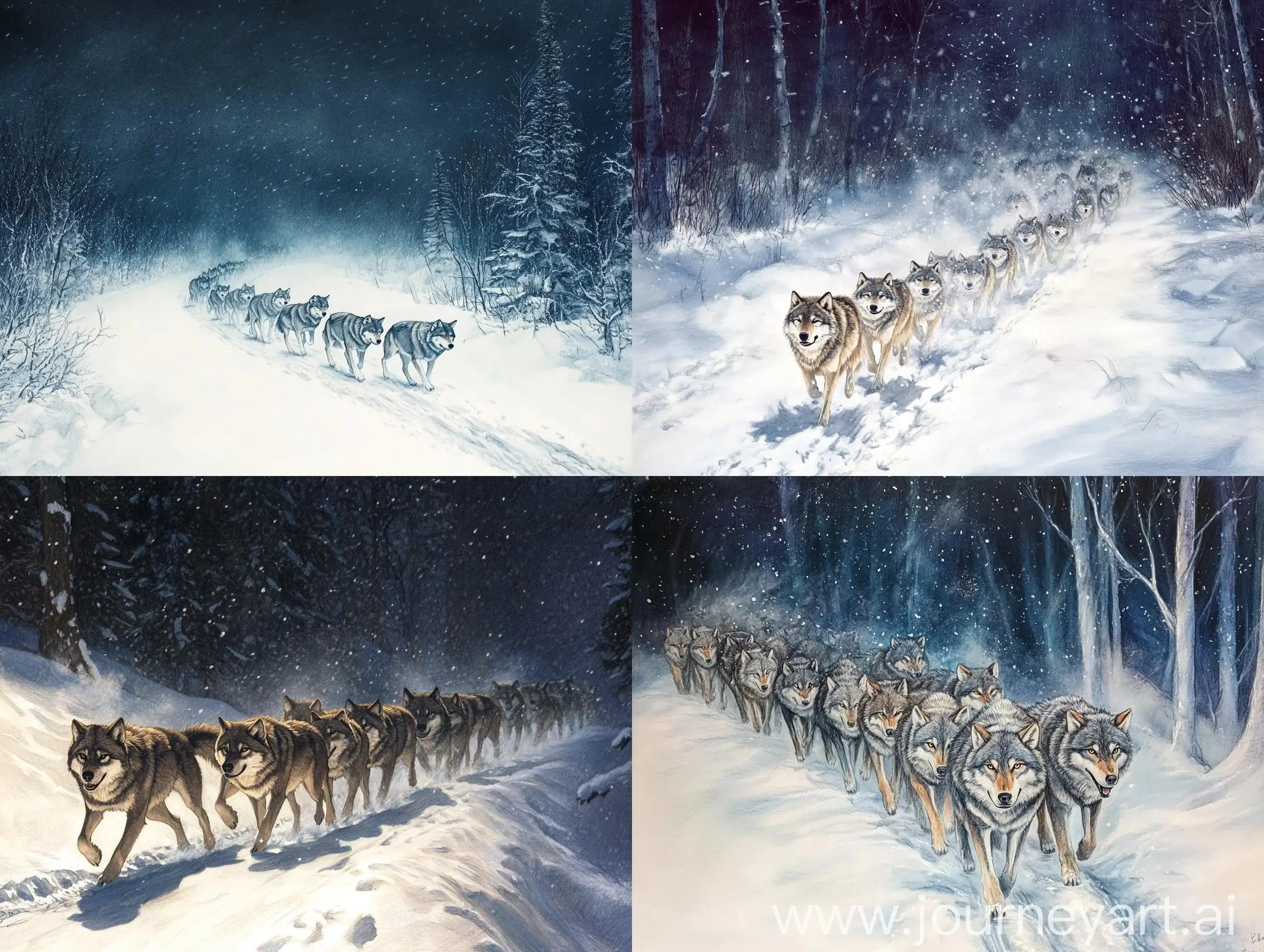 Wolf-Pack-Crossing-Snowy-Track-in-Blizzard-Colored-Pencil-Drawing