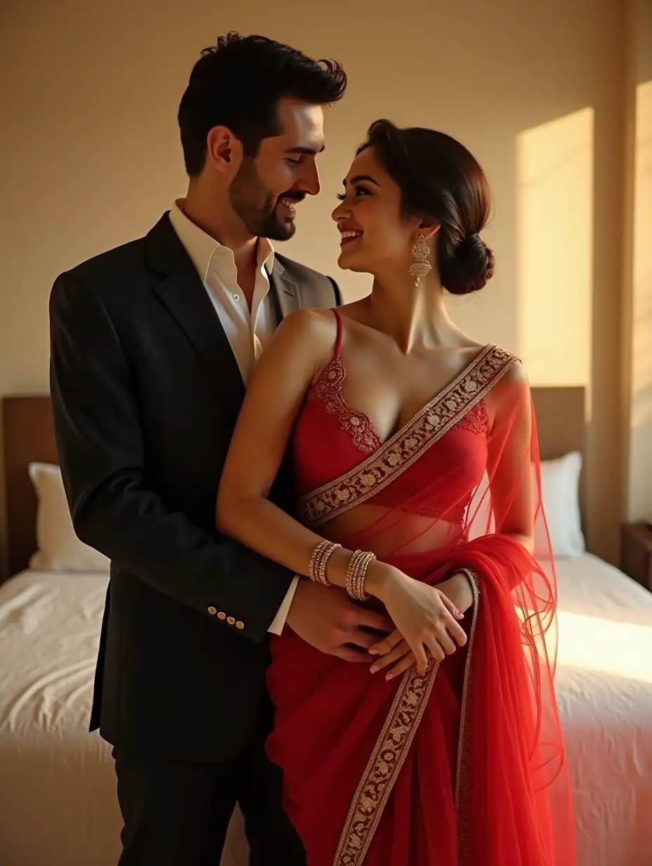 Romantic-Embrace-of-Indian-Bhabi-in-Red-and-Gold-Saree-with-Elegant-Bedroom-Setting