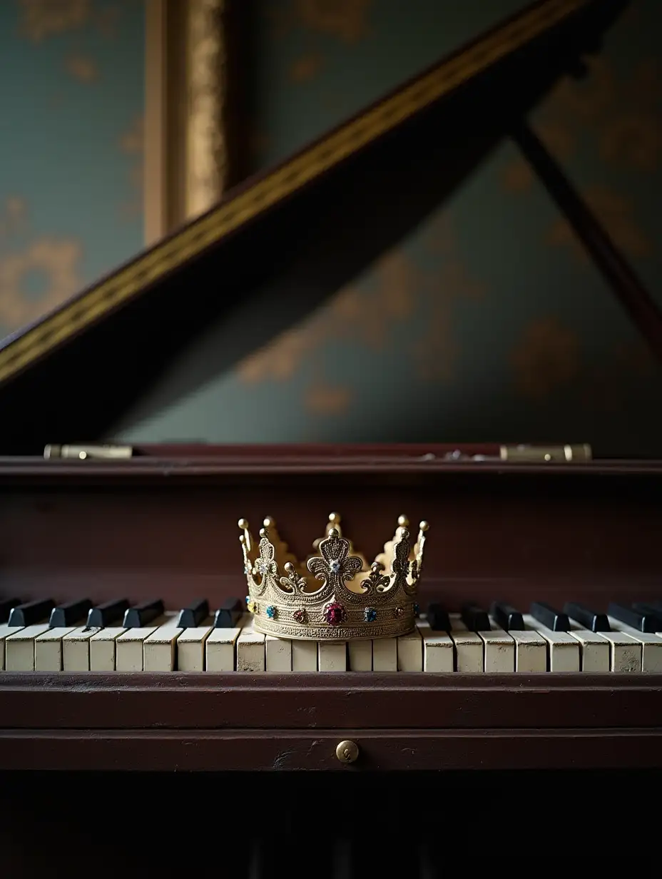 A broken piano with a royal crown on it