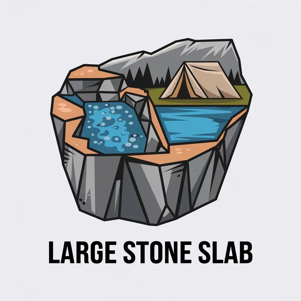 LOGO Design for Large Stone Slab Mining Pit with Water Tent and Serene Lake Theme for Travel Industry