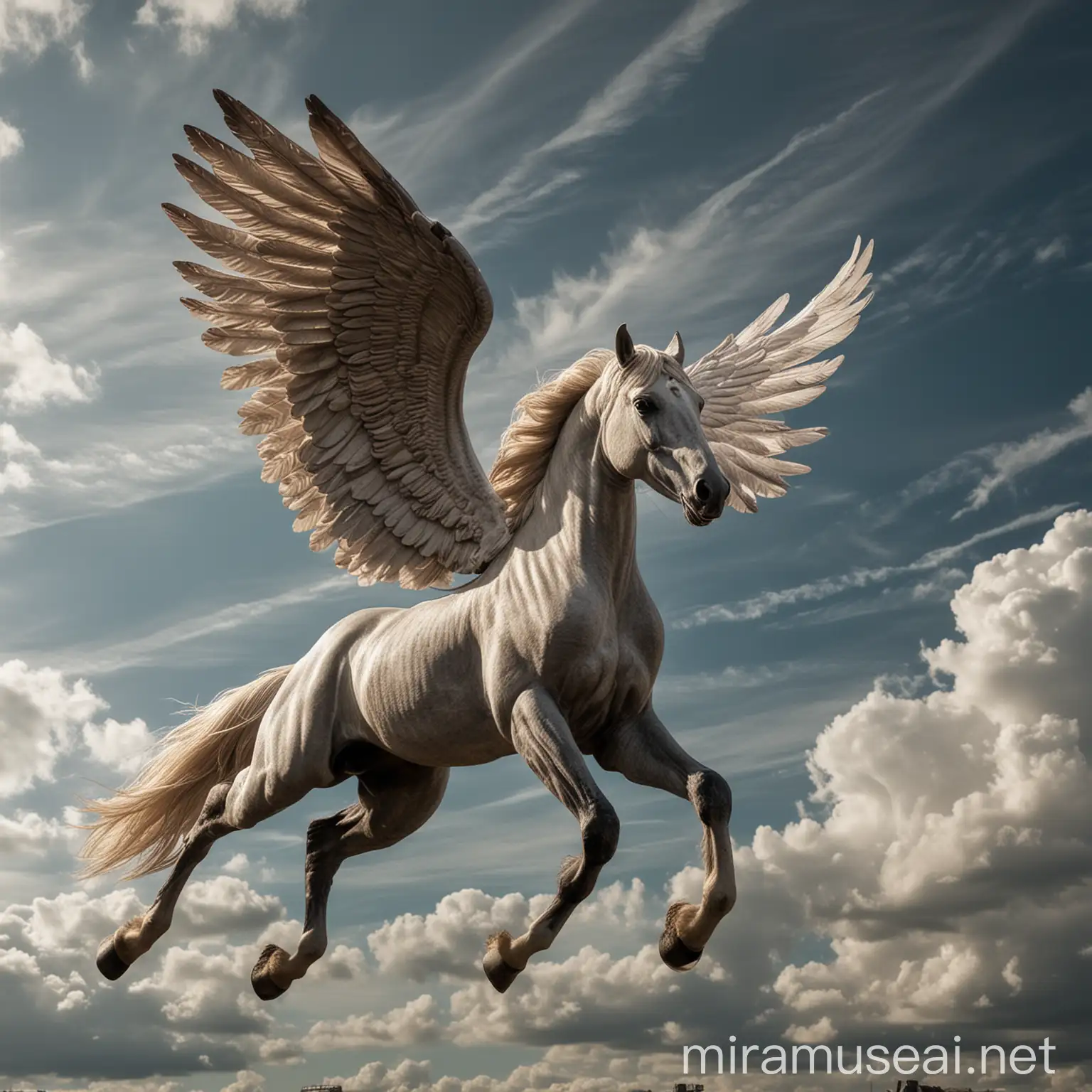 Realistic Horse with Wings Flying over Amsterdam Sky