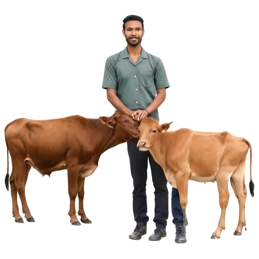 A INDIAN MAN WALLING IN FRONT OF A BROWN NATIVE COW OF INDIA