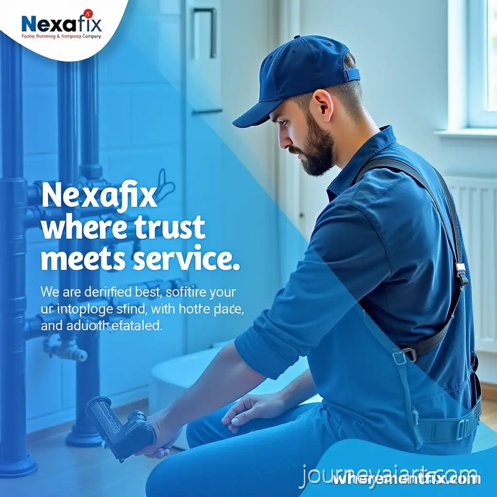 Nexafix-Plumber-Working-on-Pipes-with-Company-Logo-and-Service-Highlights