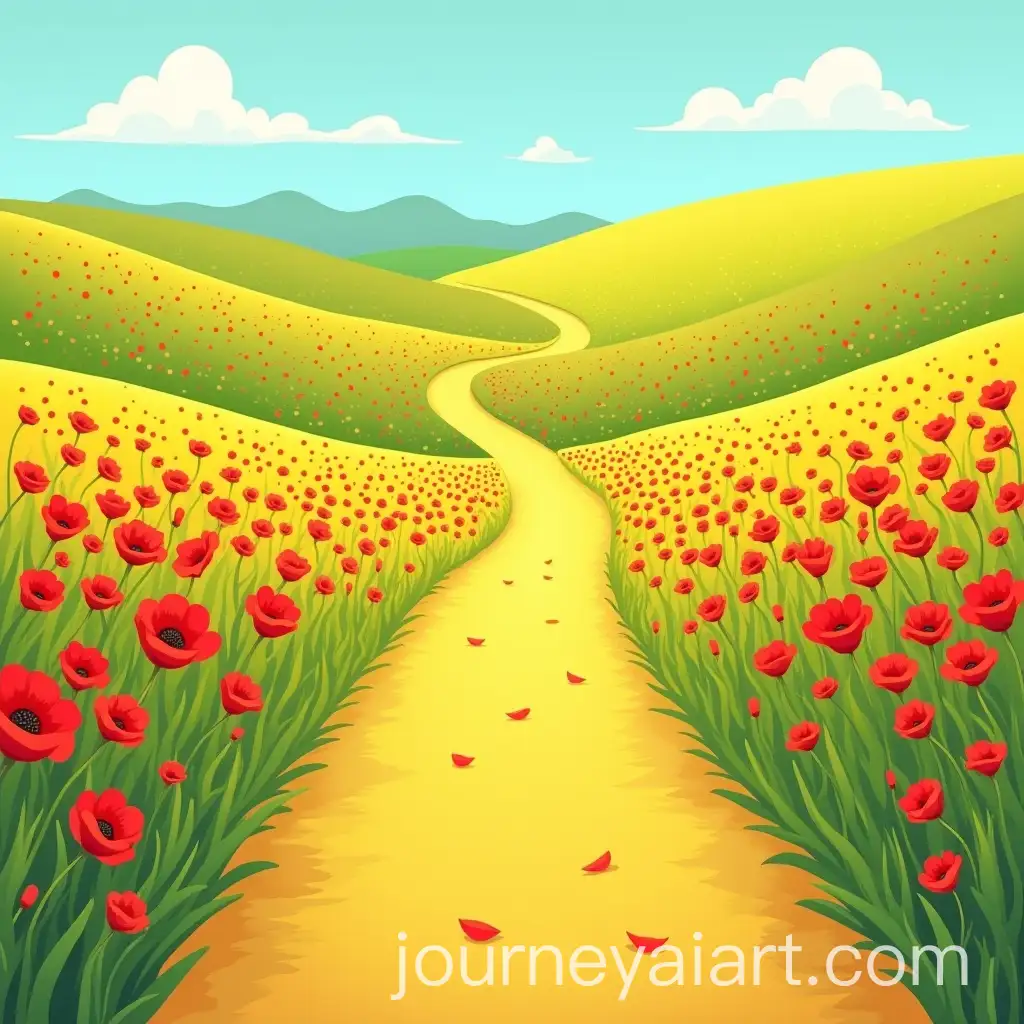Cartoon-Landscape-Featuring-a-Yellow-Brick-Road-Through-Poppy-Fields