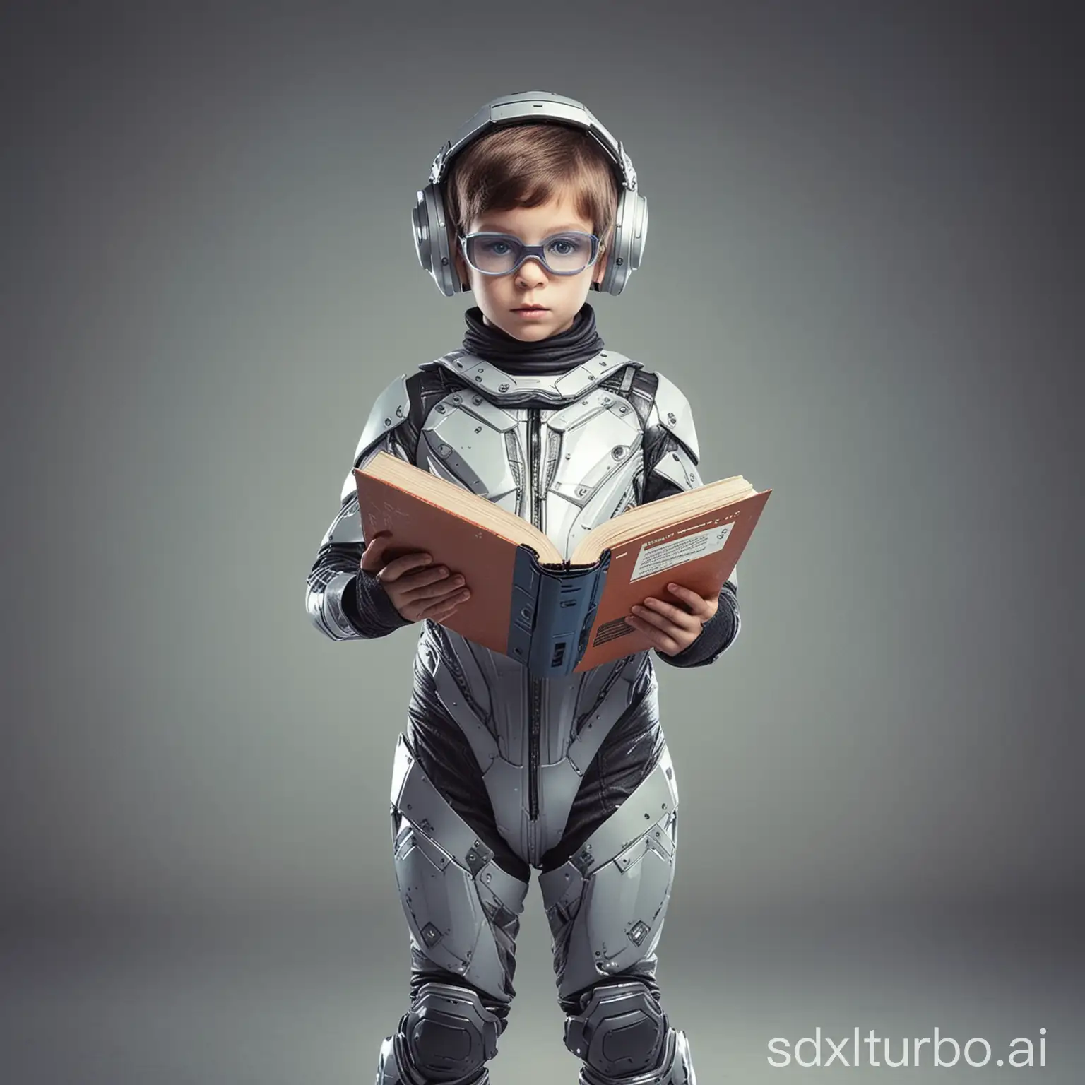 A child holds a book in a futuristic costume