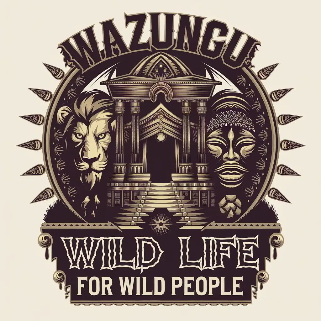 LOGO Design for WAZUNGU WILD LIFE FOR WILD PEOPLE Dark Spiritual Temple with Lion and African Mask Elements