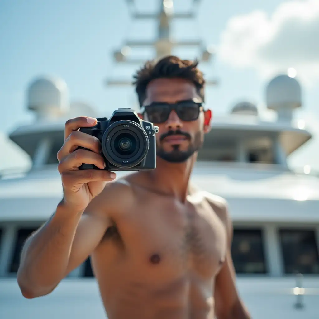 an Indonesian NGO worker guy, shooting a camera on his left hand, shirtless only wearing briefs, wearing glasses, right hand points toward camera, background of top of a yacht