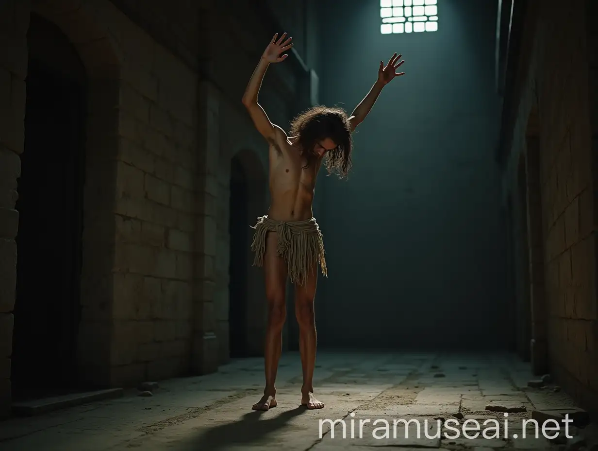 A low angle, full body shot of an extremely lean, handsome young man, about 18 years old, standing barefoot on his toes on a cold, dirty stone floor in a dimly lit, wide ancient vault. His body is positioned to the left, showing his right side, his head bowed humbly, gazing at the floor, his long, tousled hair unkempt. His slender, delicate frame glistens with sweat. He wears a ragged, torn and ripped loincloth, thin with age, barely covering his dirty body. His expression is desperate, begging and fearful, accentuating his vulnerability. He stretches his arms out, above his head, as much as possible crossing his wrists high up in the air. His lean body maximally stretched out. The damp prison walls, thick with dust, dirt, and cobwebs, heighten the oppressive atmosphere. Faint light filters through a small grated window, casting dramatic shadows across the scene. The dramatic interplay of light and shadow focuses on extreme realism, capturing the suffering of the young man and the harshness of his environment, with vivid colors and meticulous attention to every agonizing detail. Shot with a Nikon Z7 II, 50mm f/1.4 lens, shallow depth of field.