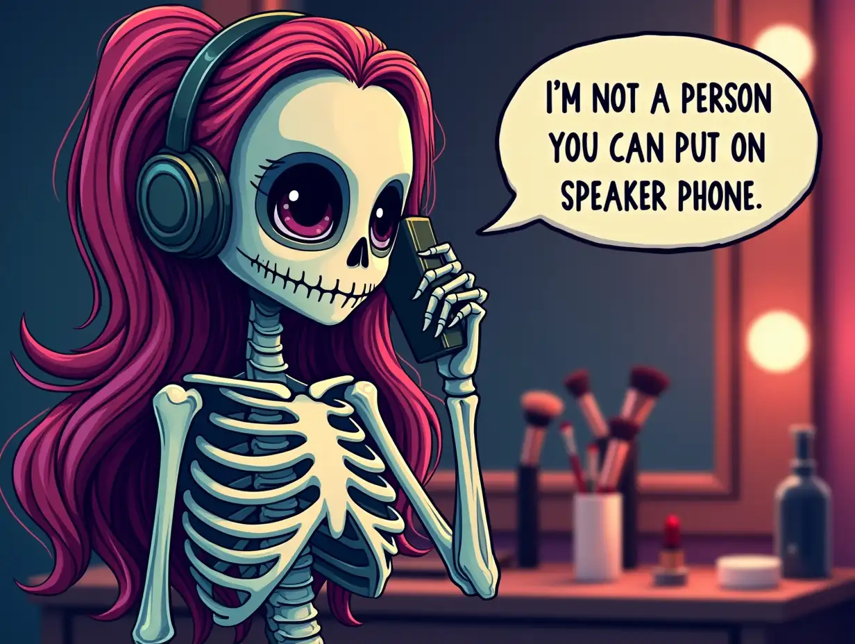 Vector. Create design with a cute skeleton girl holding a mobile phone and the text 'I'm not a person you can put on speaker phone'. background in a makeup room. Glitter style.