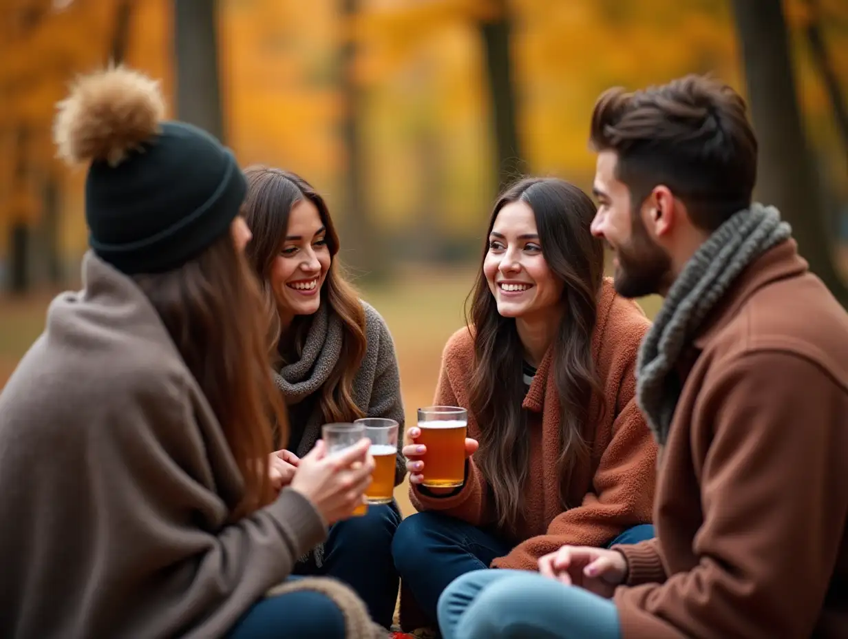 Friends-Enjoying-Hot-Drinks-Outdoors-in-Autumn