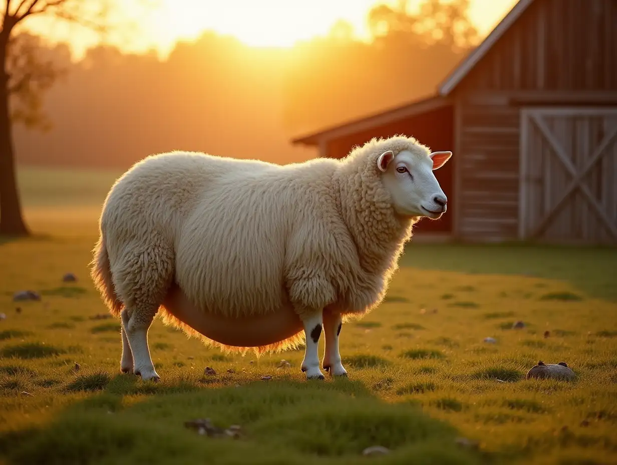 A tranquil rural farm scene during golden hour, featuring a massive, white, heavily pregnant sheep standing alone in a lush, grassy field. The sheep’s enormous, sagging belly is prominently visible, and its posture reflects fatigue, with its head slightly lowered and legs appearing wobbly under the weight. The sheep’s mouth is open, letting out soft, strained bleats, emphasizing its discomfort. The warm, golden sunlight bathes the sheep’s wool, highlighting its texture and creating an emotional, poignant atmosphere. The backdrop includes a rustic wooden barn, distant trees, and uneven patches of grass, enhancing the serene yet urgent setting