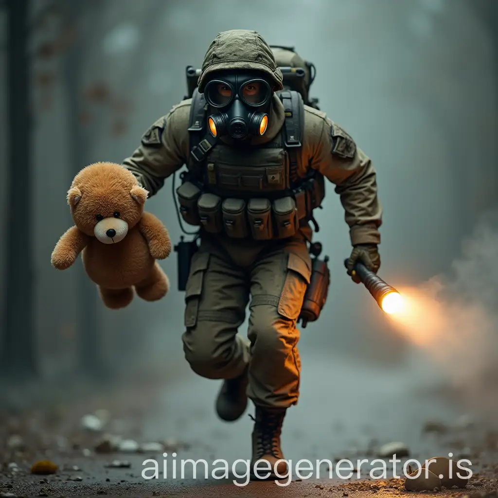 Soldier-in-Gas-Mask-Running-with-Plush-Toy-and-Flashlight