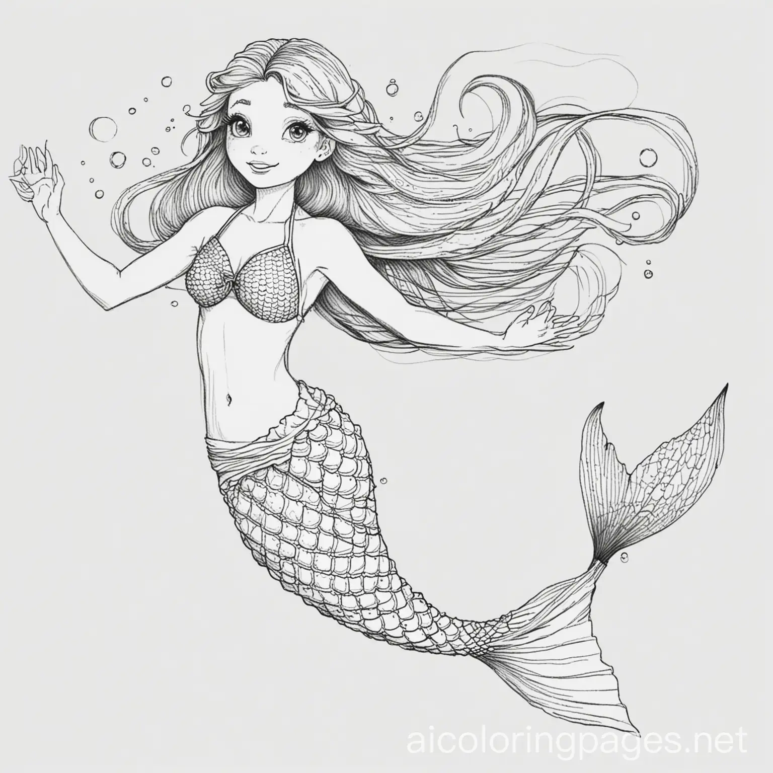 Mermaid-Coloring-Page-Floating-in-Air-Black-and-White-Line-Art