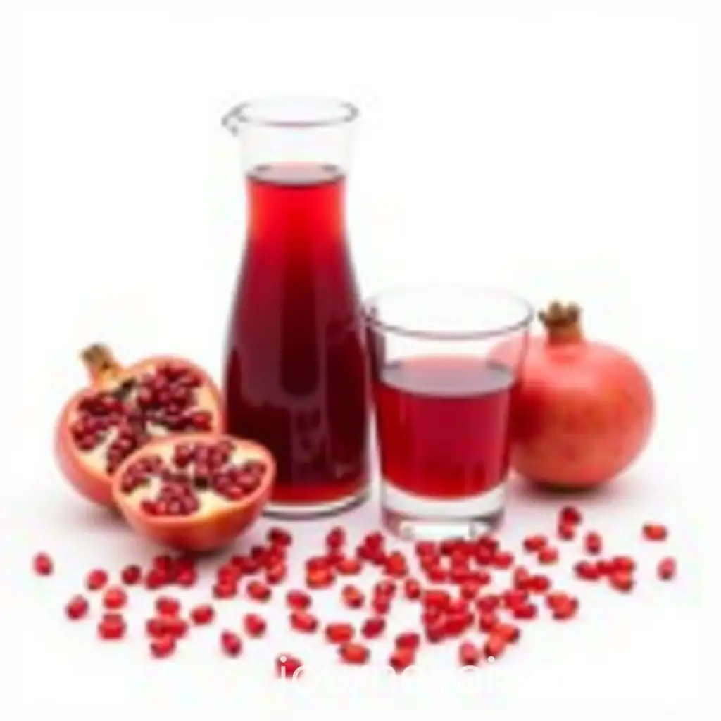 Grenadine-Juice-in-a-Jug-with-Pomegranates-and-Seeds-on-White-Background