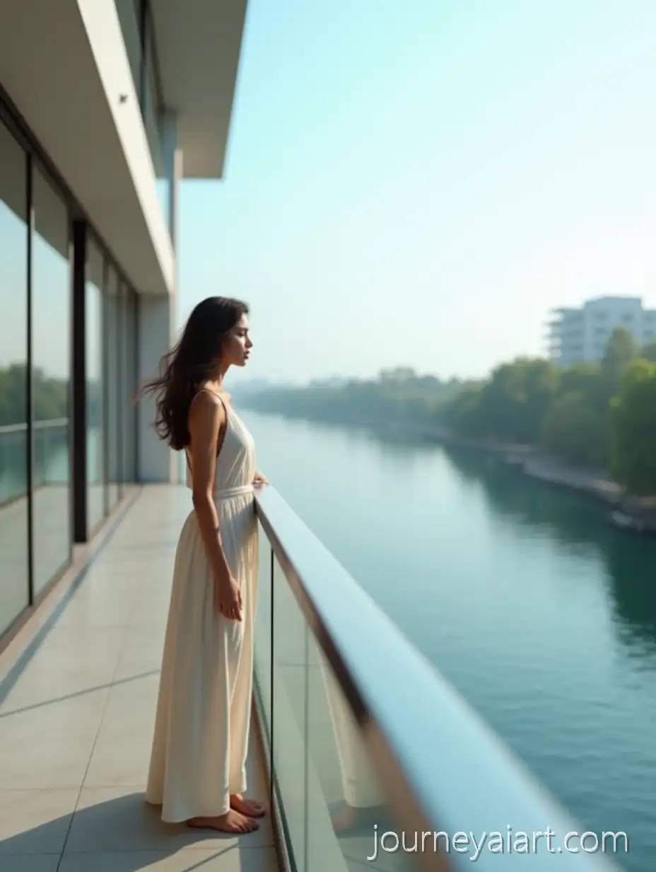 Young-Indian-Woman-on-Modern-Luxury-Balcony-Overlooking-Calm-River
