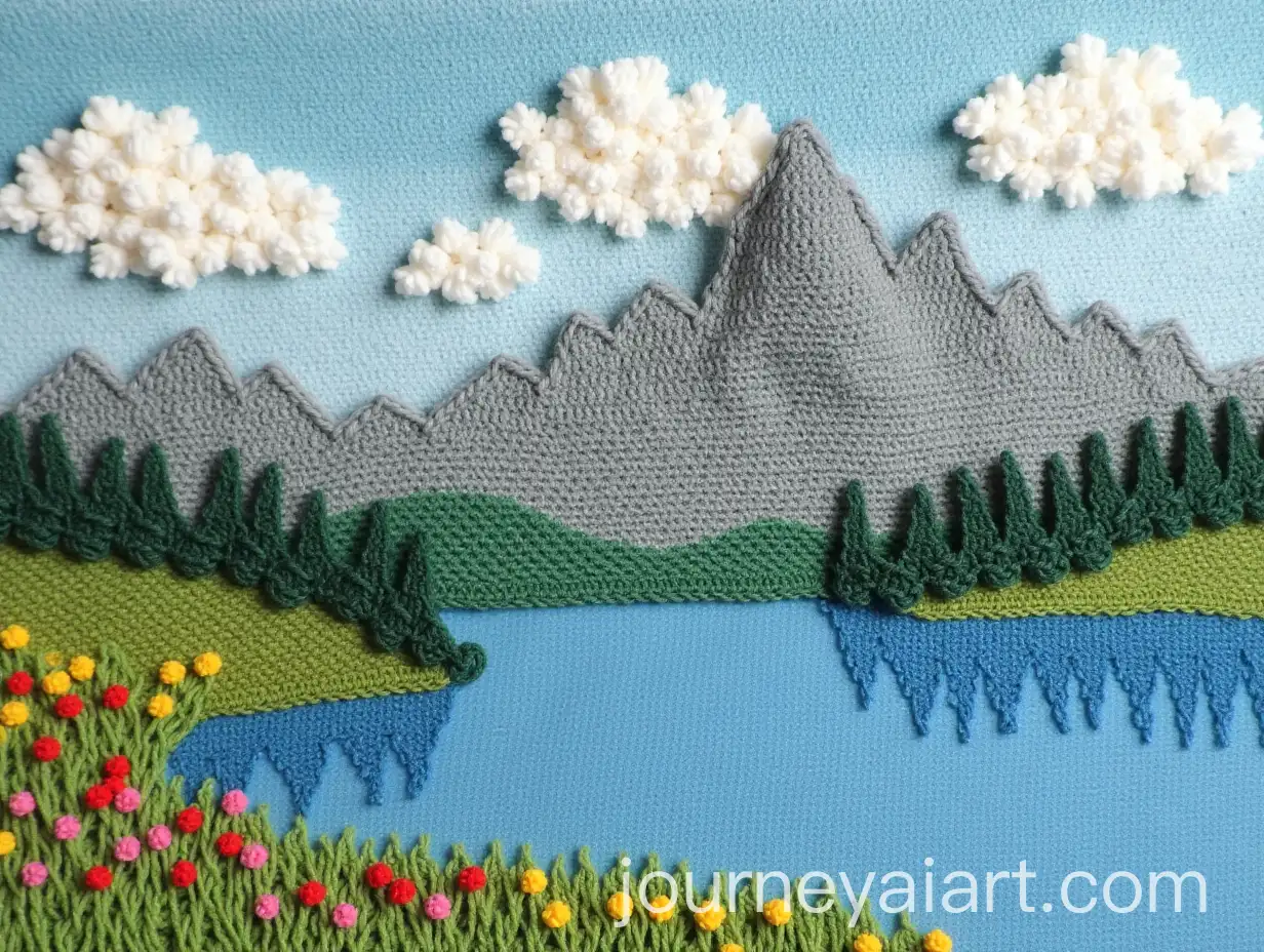 Crocheted-Wool-Landscape-with-Mountain-Clouds-and-Lake