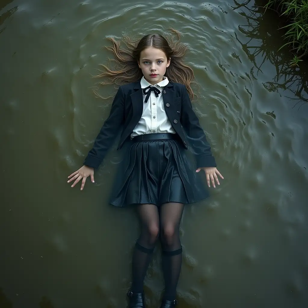 A young schoolgirl in a school uniform, with a skirt, jacket, blouse, dark tights, high-heeled shoes. She swims in a dirty pond, lies under water, in water up to her neck, the whole body is under water, submerged in water, under the surface of the water, all clothes are completely wet, clothes are soaked through, there are no dry areas of clothing, wet clothes stick to the body.