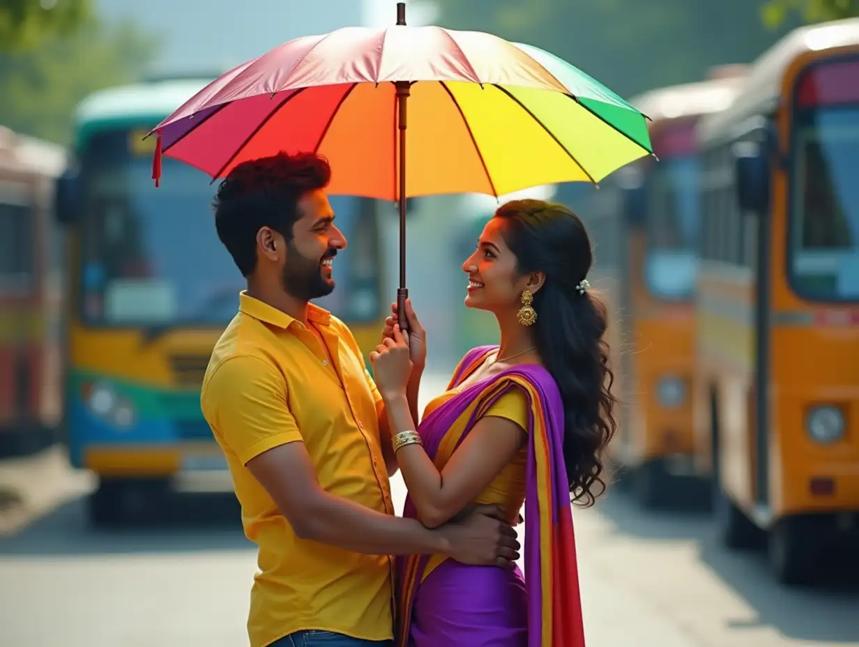 Smile dance pose of a couple man in shirt and women in saree, wearing yellow and purple mix dress with umbrella in rainbow color, in background in bus junction, all the bus are rainbow color, cinematic style