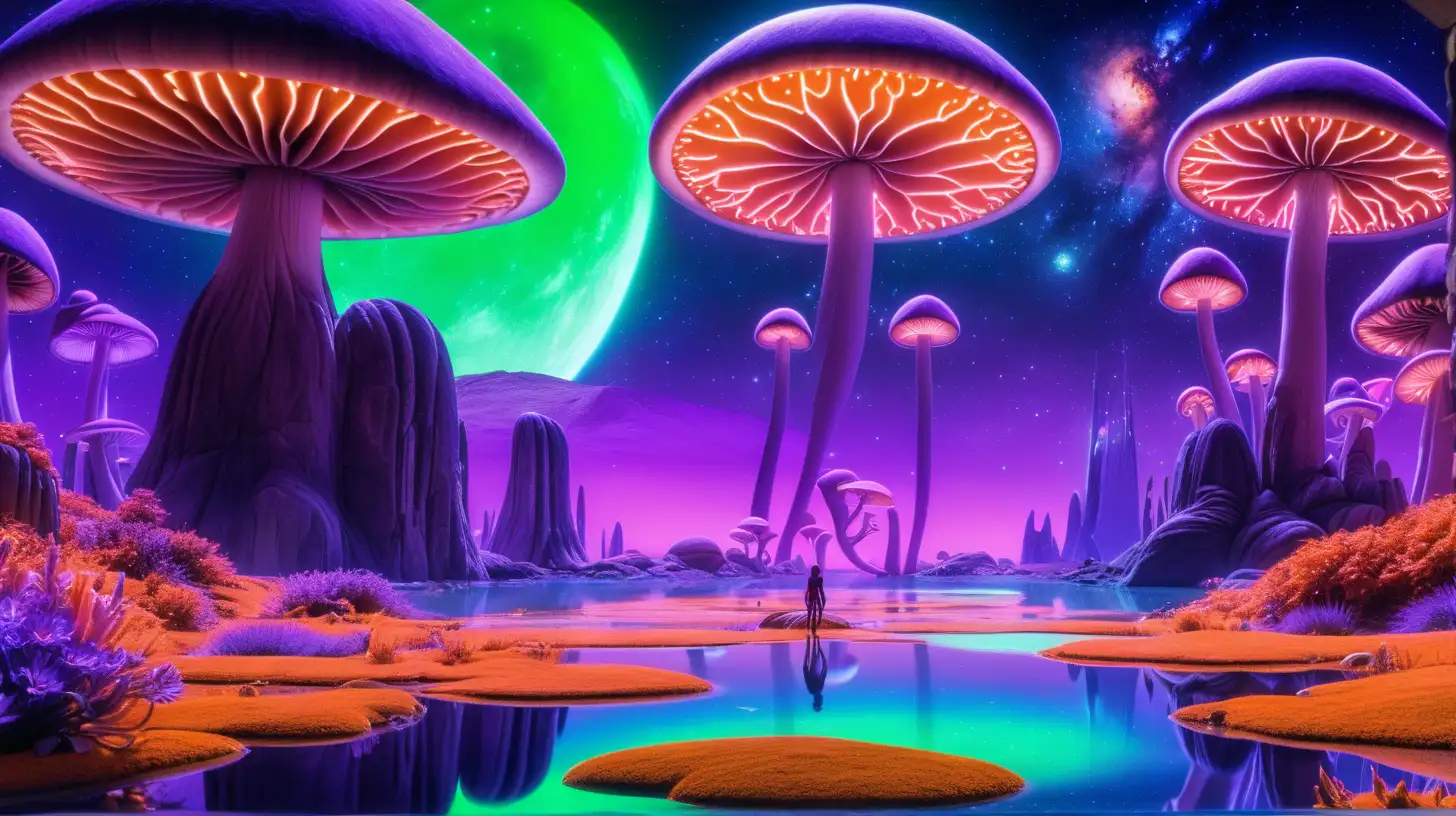 Skyline Living Room Overlooking Magical Orange and Purple Land with NeonGreen Mushrooms and Luminescent Purple Flowers