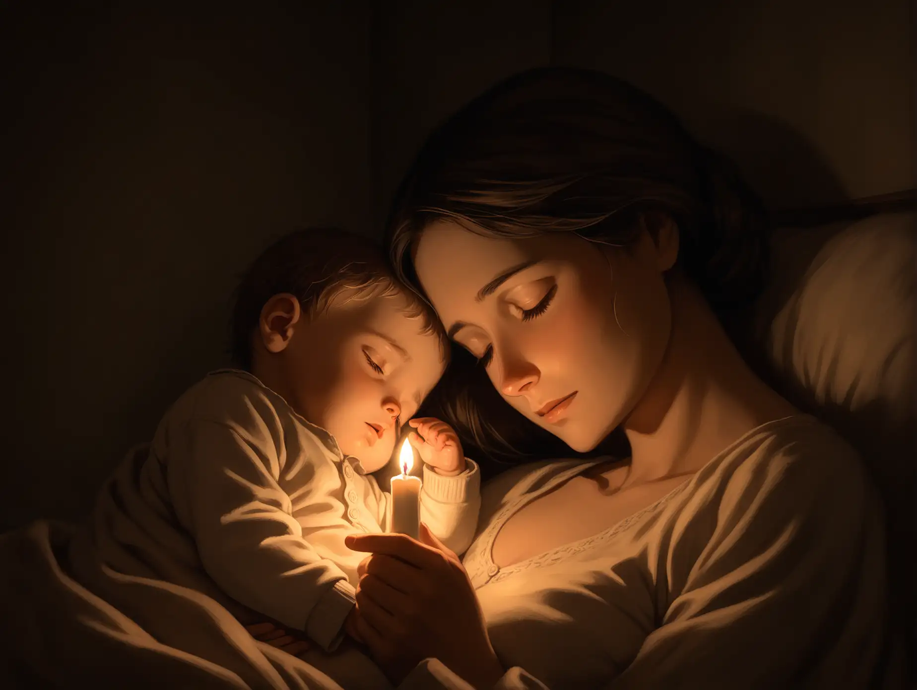 Mother-Watching-Over-Sleeping-Child-with-Candlelight-in-a-Cozy-Room