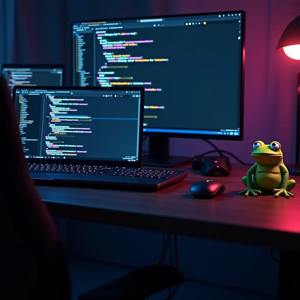 Programmer's workstation, first person view, large dark desk, on the table stands one laptop with development code on the screen, next to it a computer mouse, also sitting on the table is a funny frog from meme, many neon and dark tones.