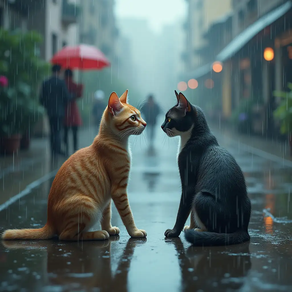 Two Cats in Rain Watching Couple Under Umbrella