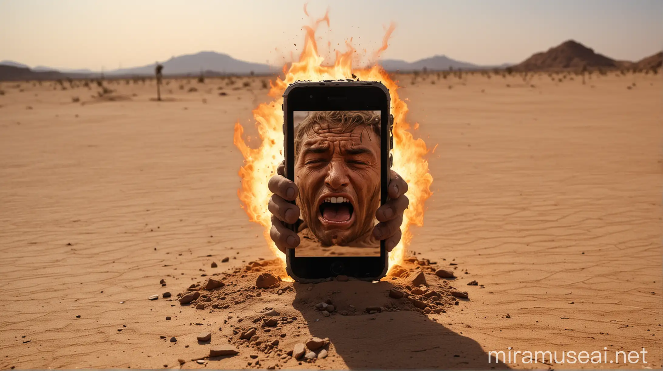 Sad Mobile Phone in Hot Desert Screaming with Hands Beside Face