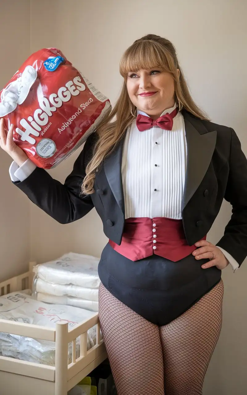 Smiling-MiddleAged-Woman-in-Formal-Tuxedo-Holding-Huggies-in-Nursery