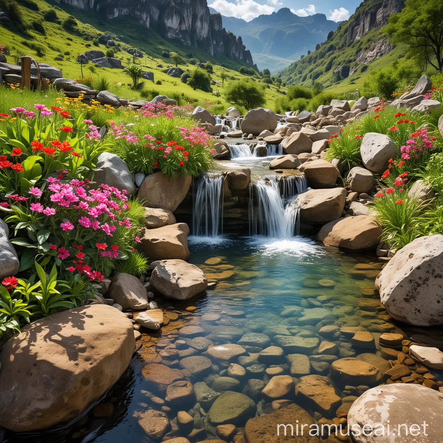 Idyllic Green Valley with Colorful Flowers and Crystal Stream