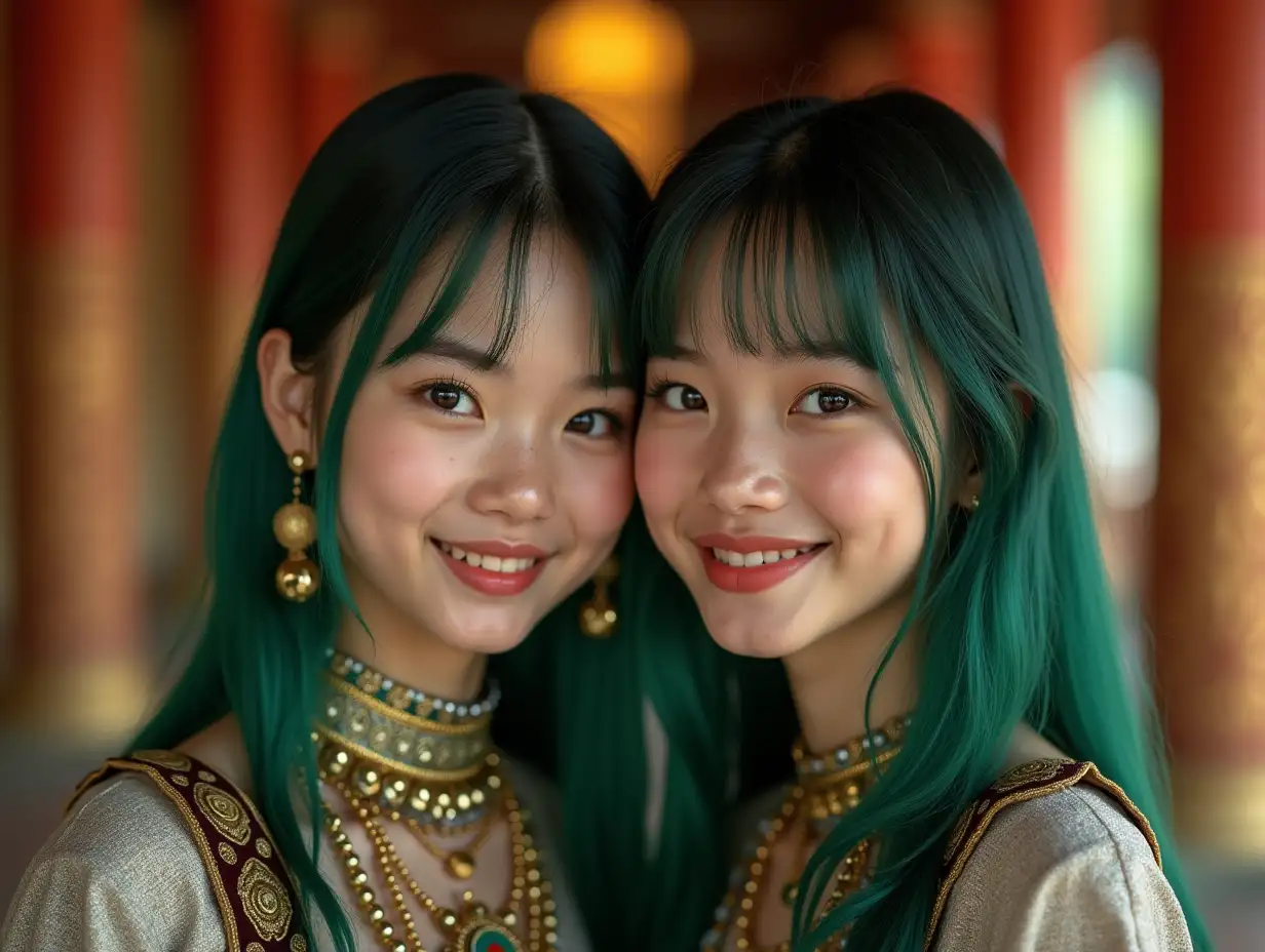 Two young black and white patternedngirls with alien face, withngreen hair, with a slight smile on their faces,nhighlighting their smiles, modern retronjewelry, in a temple with much goldndifferent shades 4k