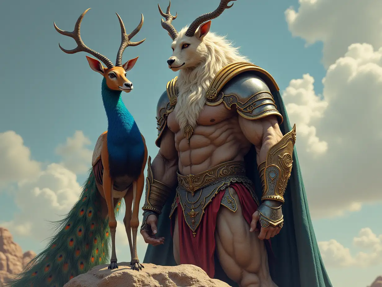 A very detailed photo. A full body representation of an Animal-Hybrid bodybuilder with knight's armor and antelope and peacock on a rock