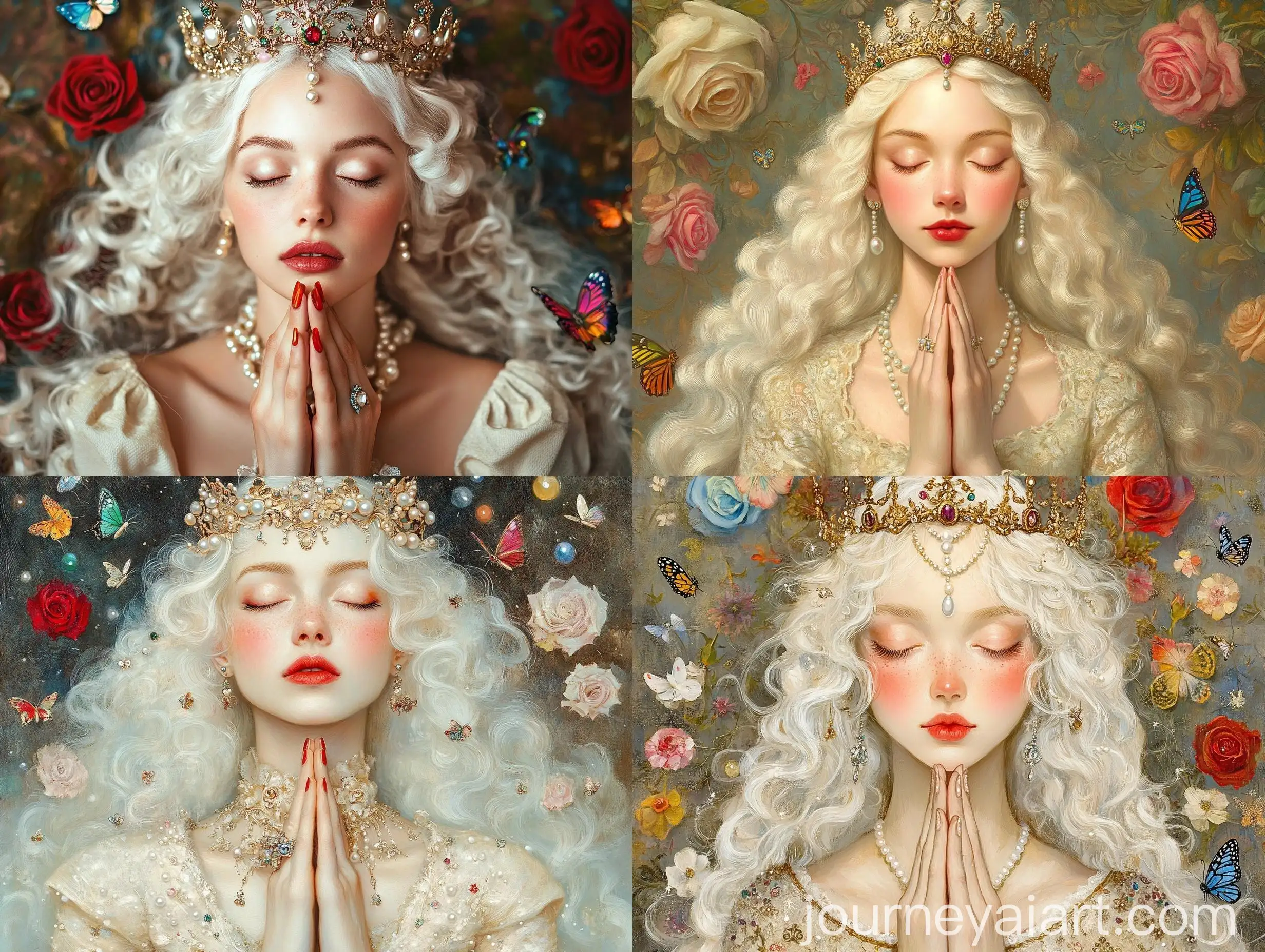 Medieval-Woman-in-Prayer-with-Floral-Background-and-Delicate-Accessories