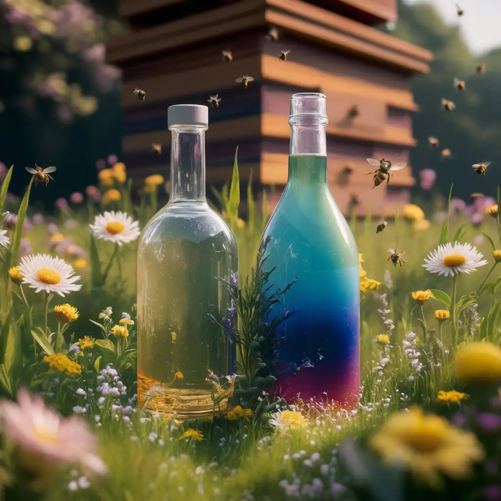 two bottles on the background of a summer field and beehive 3d