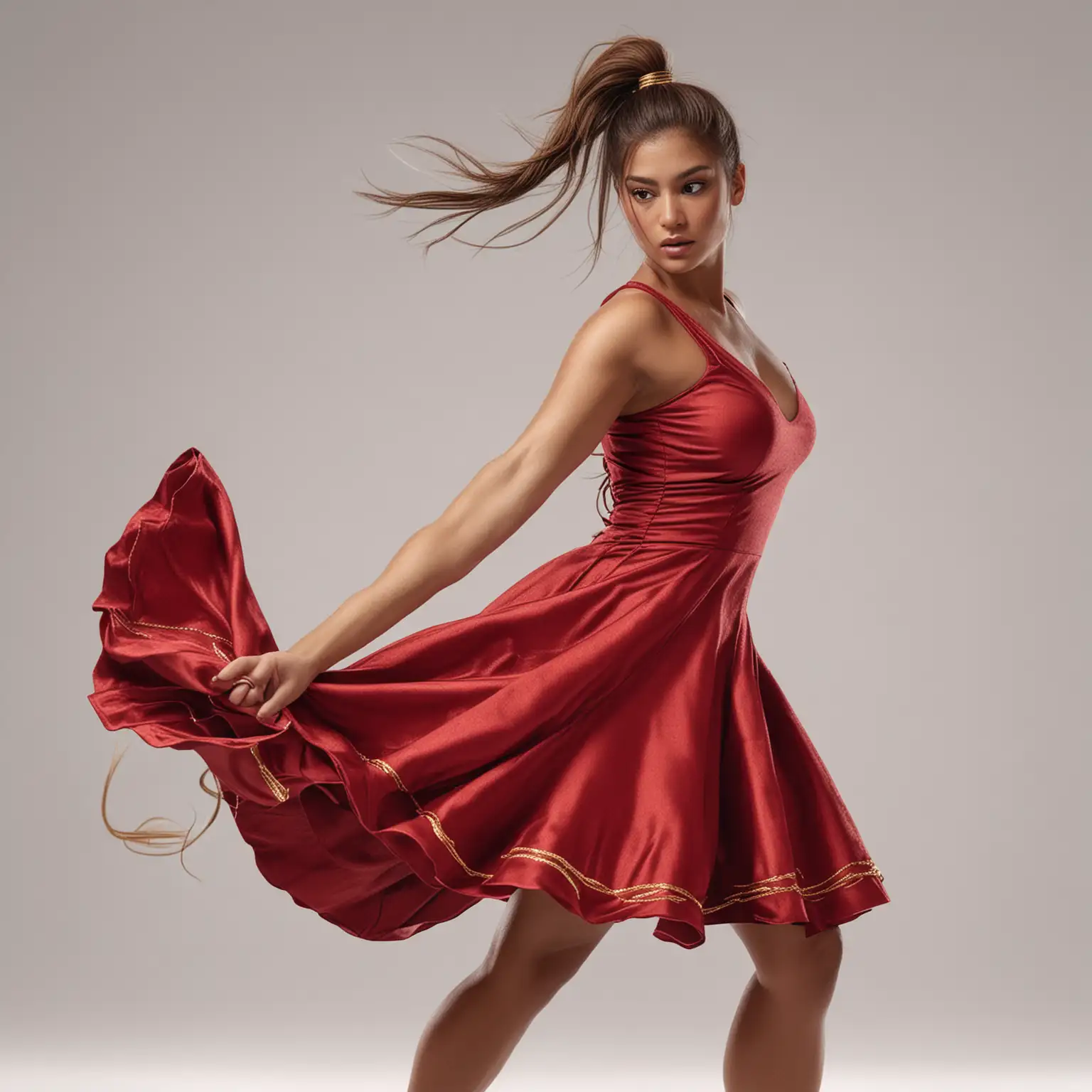 Ultra Realistic Latin Woman in Red and Gold Dress with Cinematic Lighting