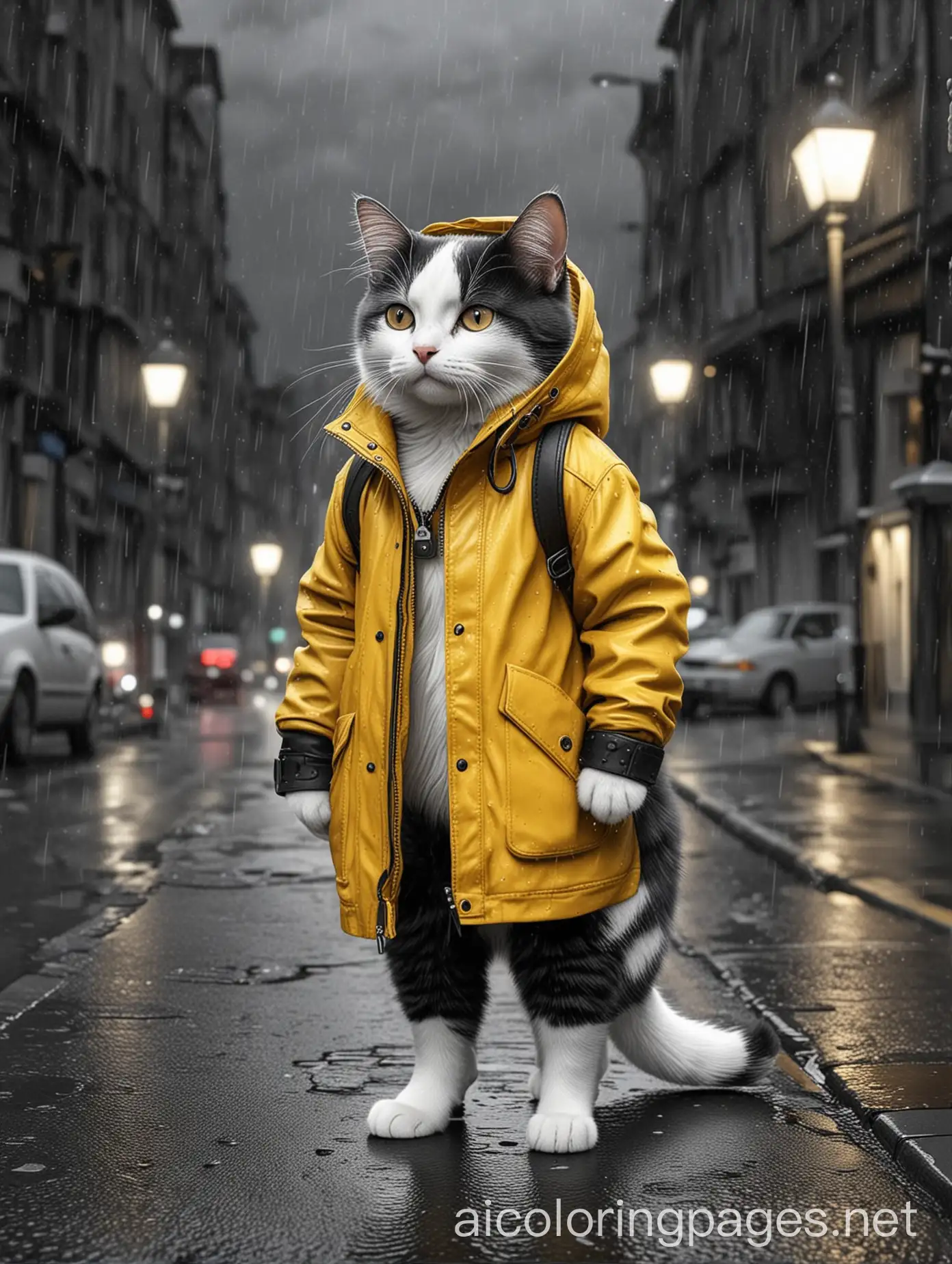 Small-Cat-in-Yellow-Jacket-on-Rainy-Night-Street