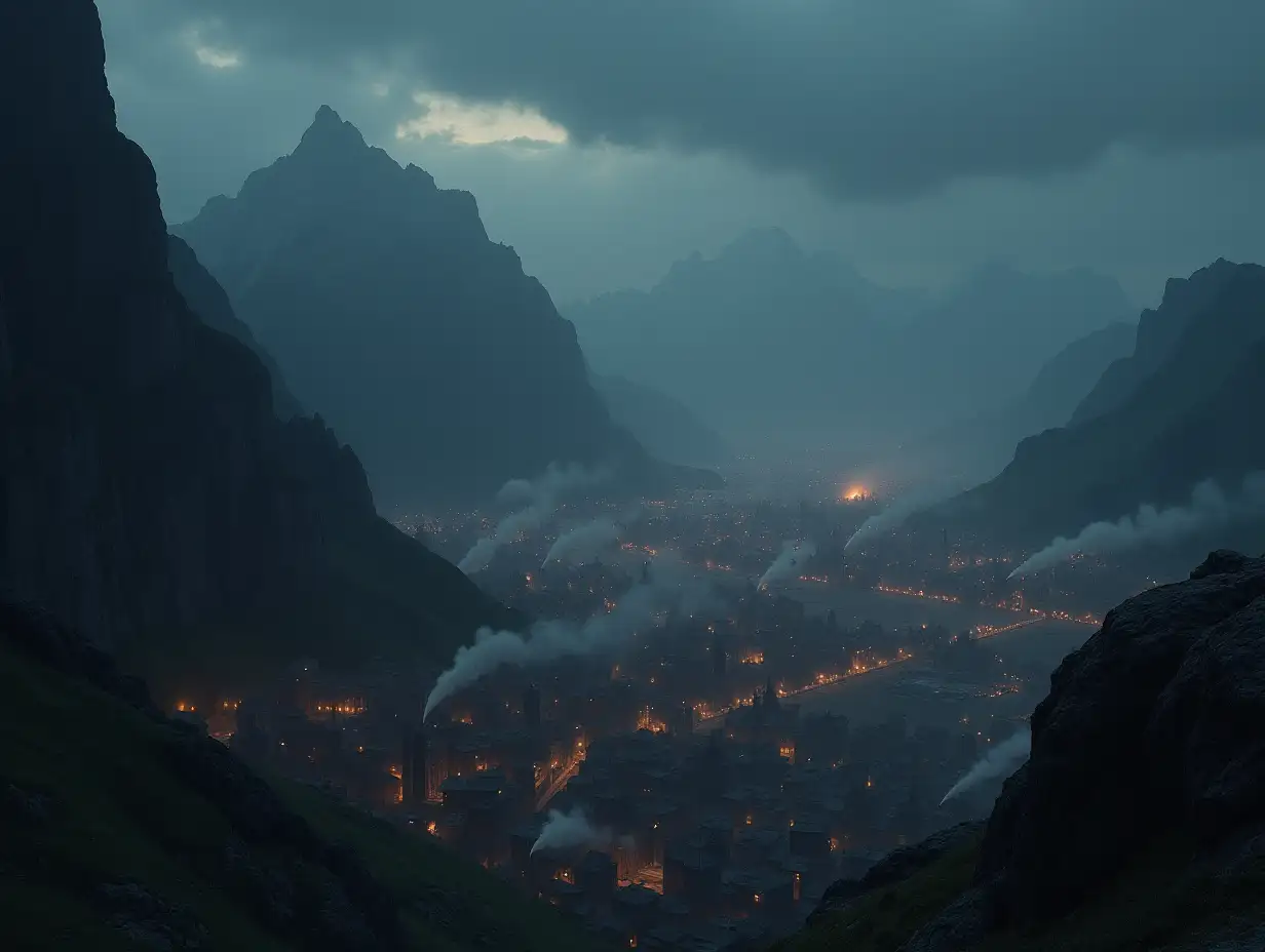 A distant view of a medieval industrial town that produces war machines, the city is carved into the mountain side, plumes of smoke rise from the city due to the forges, it is night time and the night sky is mostly clouds.