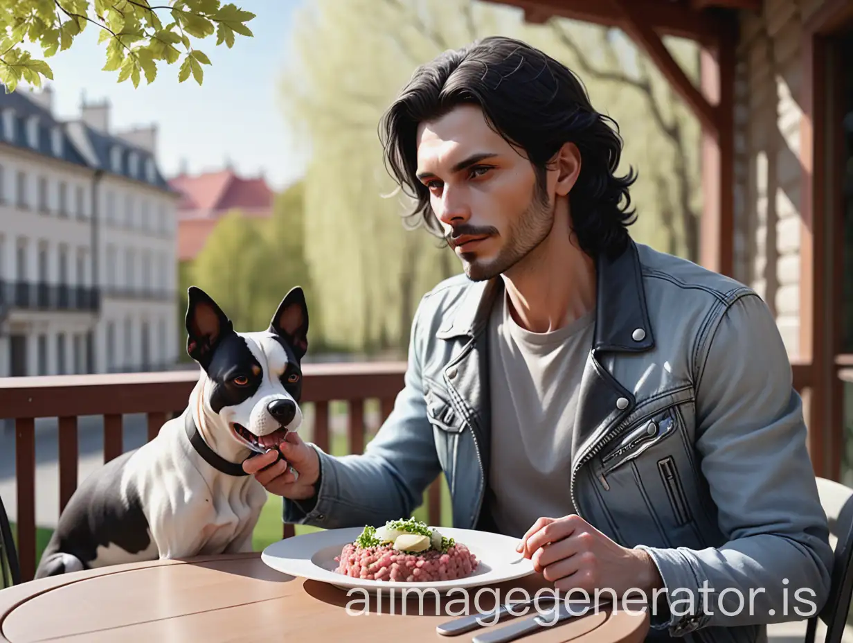 European-Musician-Enjoying-Meat-Tartare-on-a-Veranda-with-Dog-on-a-Spring-Day