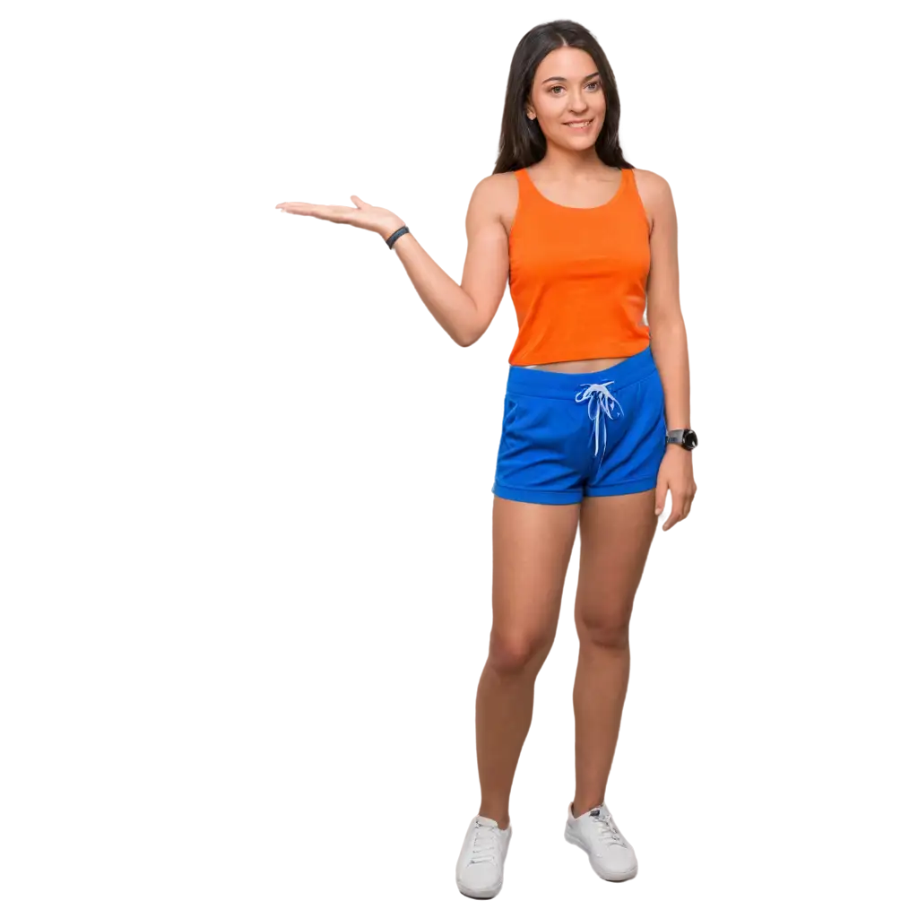 Promoter-Woman-in-Orange-Top-and-Blue-Shorts-PNG-Image-Professional-Artwork-for-Online-Marketing