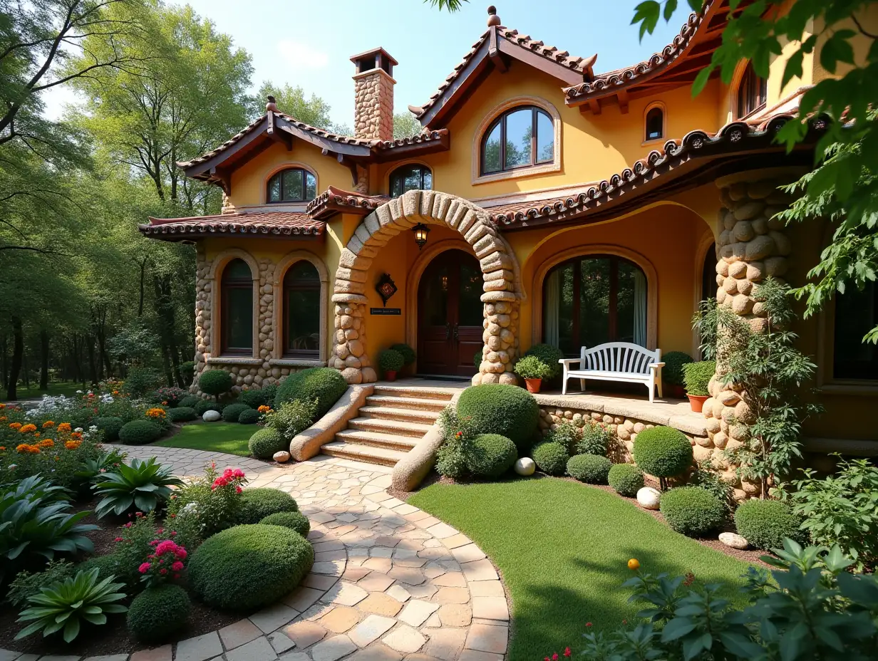 crooked house garden planting-with stucco in the form of plant ornaments, large windows with glass closed, curved, smooth window shapes, winding big entrance steps made of marble complex curved roof with dike,Lanterns,bench apple tree 4K resolution colorful superWide-angle shots