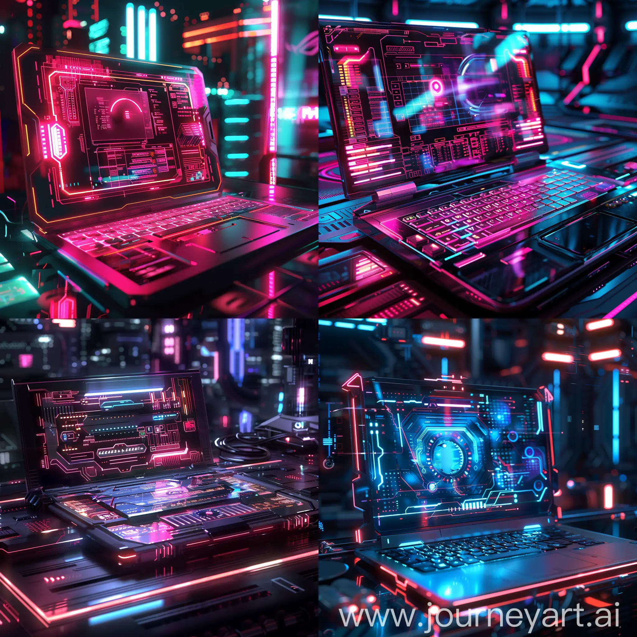 Futuristic-Laptop-with-Holographic-Interfaces-in-Neonlit-Setting