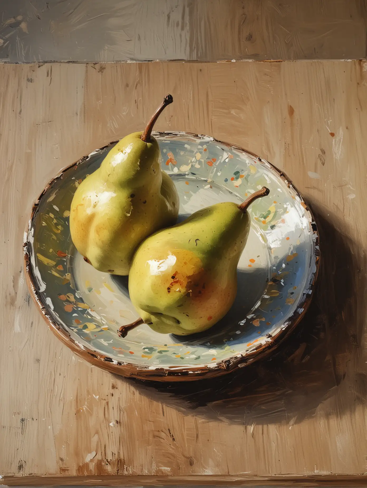 Impressionistic Painting of Pears on Wooden Table