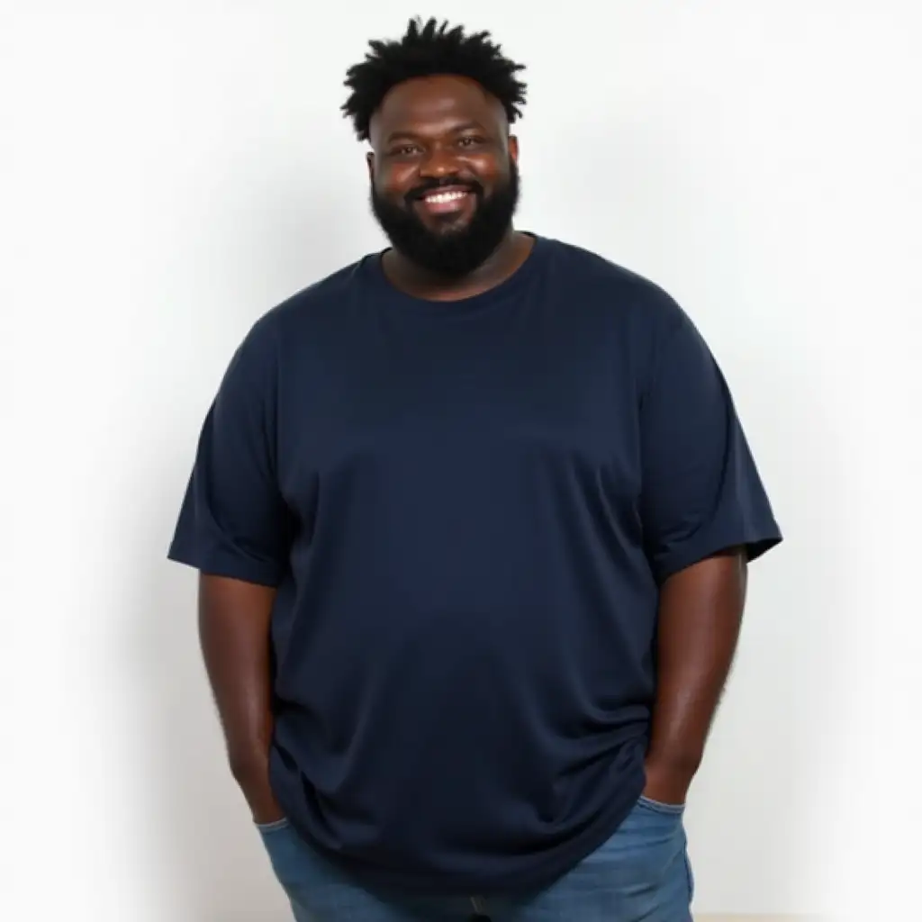 IMG_1018.CR2 Magazine Editorial Style Medium Shot of an A plus-size Black man with a beard wearing an oversized Comfort Colors t-shirt in the color dark navy, posing and standing against a white background, in a streetwear style, with great detail on the face and hair