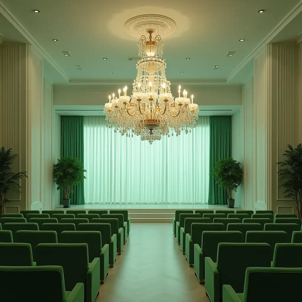 magnificent crystal chandelier in a theater room. Room in white color with green elements. accent on the chandelier