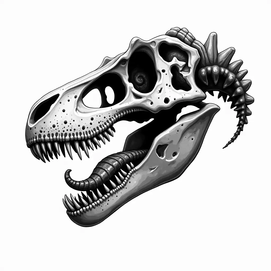 Skull of t rex with ammonite, vector, black and white, realistic