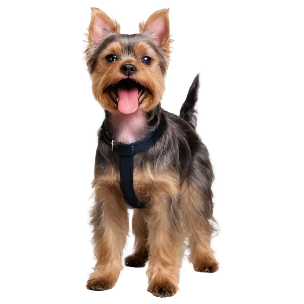 A Yorkshire Terrier with its tongue out is saying 'good health off leash'