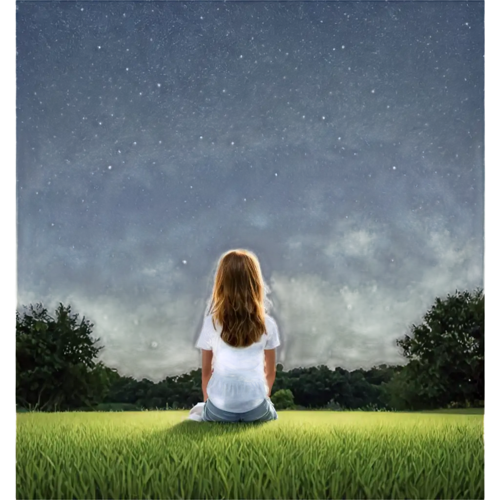 Peaceful-Night-Sky-with-Girl-Sitting-on-Lawn-Looking-at-Stars-PNG-Image